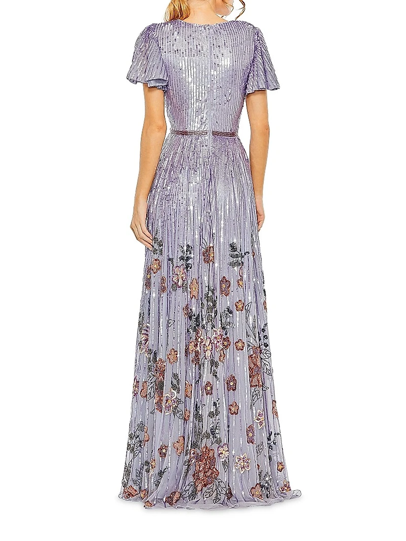 Evening Floral Sequin V-Neck Gown