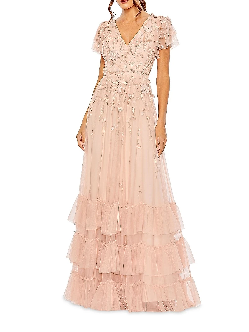 Ruffle-Tiered Embellished Wrap Gown