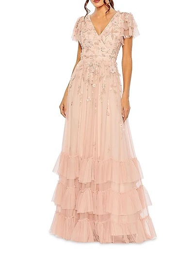 Ruffle-Tiered Embellished Wrap Gown