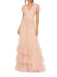 Ruffle-Tiered Embellished Wrap Gown