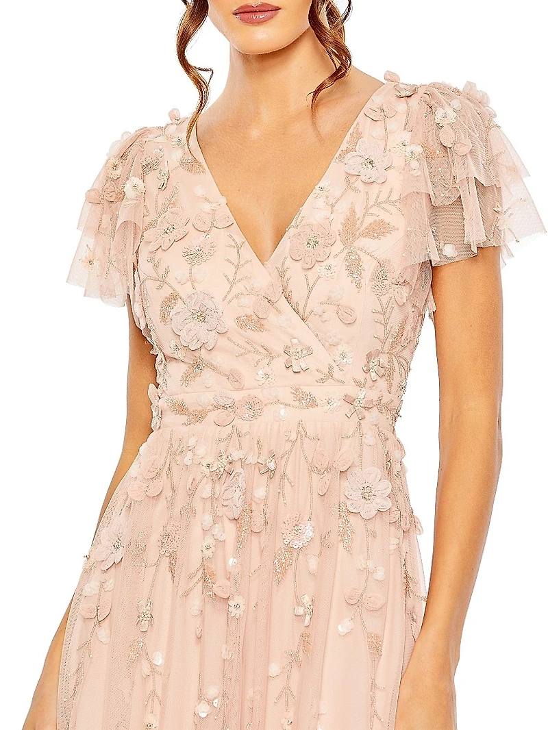 Ruffle-Tiered Embellished Wrap Gown