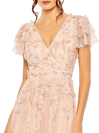 Ruffle-Tiered Embellished Wrap Gown