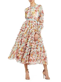 Cocktail Floral Mesh Ruffled Cut-Out Midi-Dress