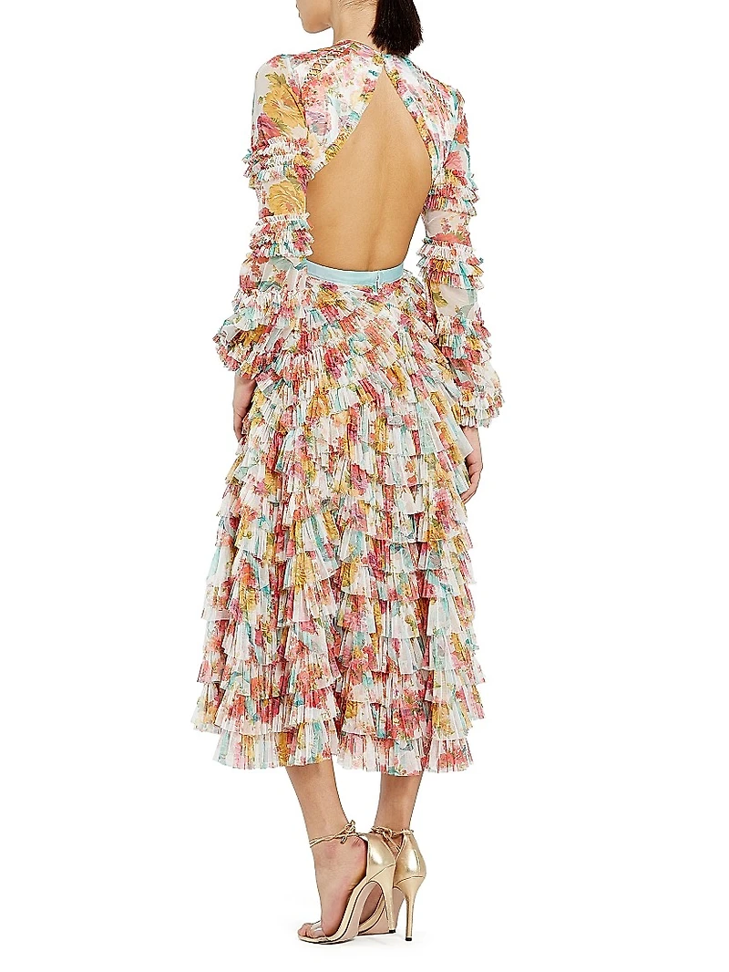 Cocktail Floral Mesh Ruffled Cut-Out Midi-Dress