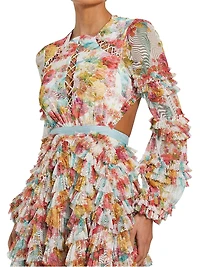Cocktail Floral Mesh Ruffled Cut-Out Midi-Dress