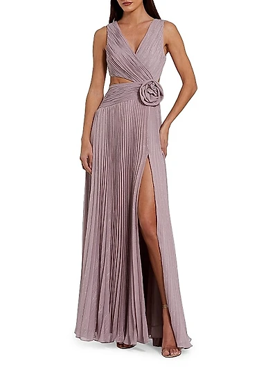 Ieena Rosette Pleated Chiffon V-Neck Gown