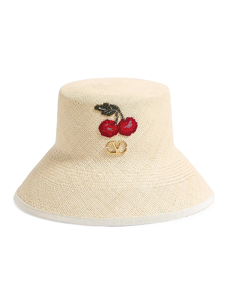 VLogo Signature Straw Bucket Hat with Leather Trim