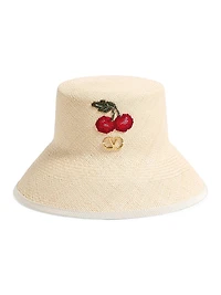 VLogo Signature Straw Bucket Hat with Leather Trim