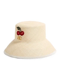 VLogo Signature Straw Bucket Hat with Leather Trim