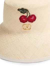 VLogo Signature Straw Bucket Hat with Leather Trim