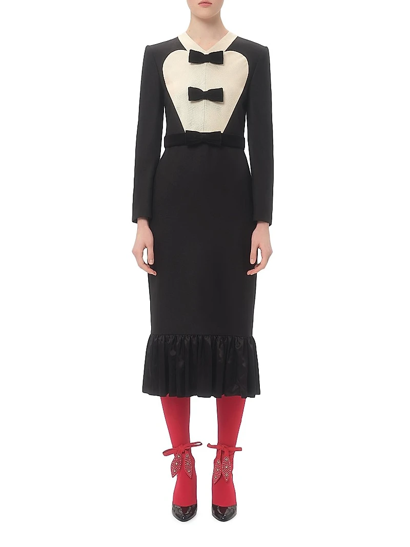 Virgin Wool Midi Dress With Bows