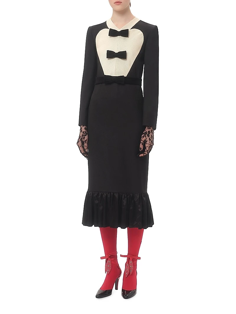 Virgin Wool Midi Dress With Bows