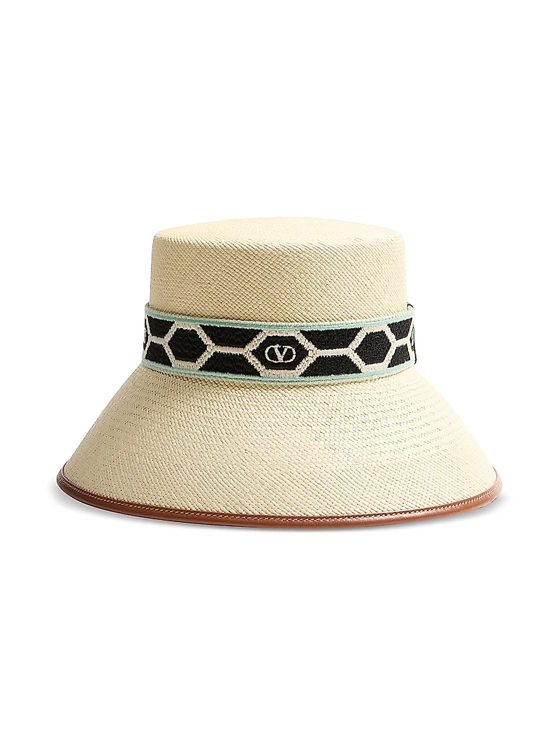 Antibes Straw Bucket Hat with Leather Trim and Diamond