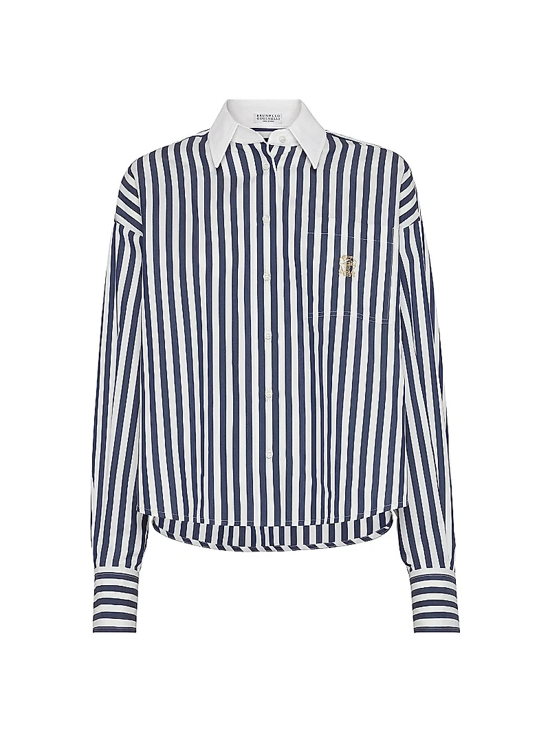 Striped Cotton and Silk Poplin Shirt with Logo