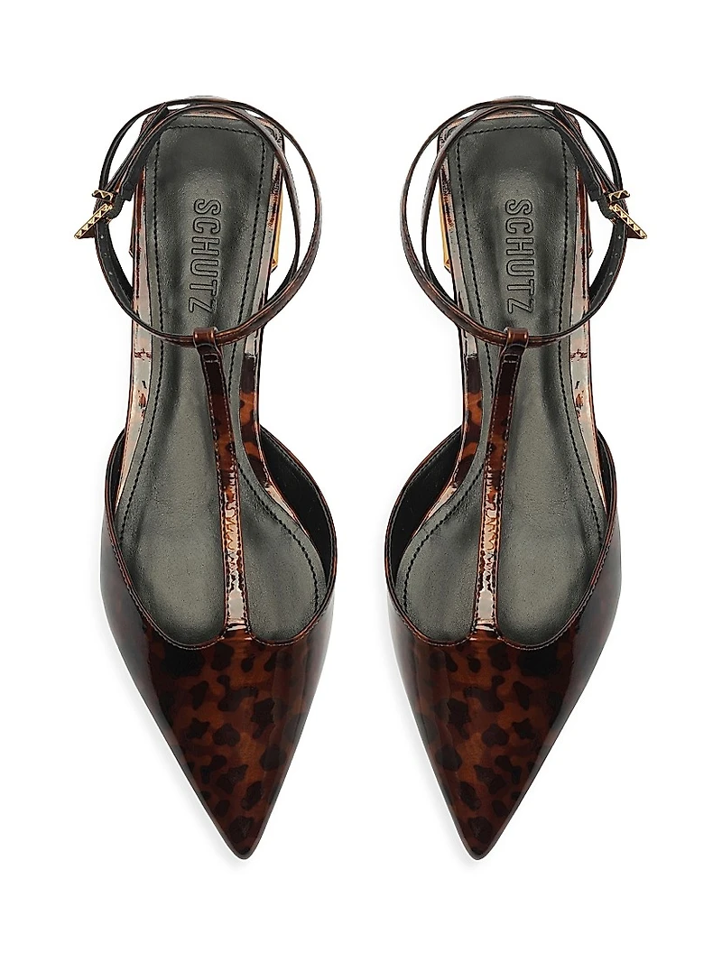 Allure Tortoiseshell Patent Leather T-Strap Flat Sandals