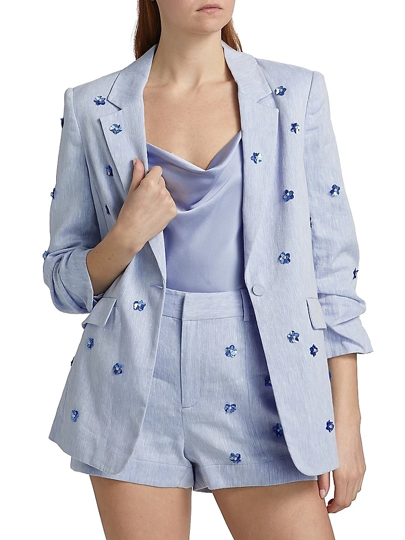 Pearl Ditsy Kylie Linen-Cotton Single-Breasted Blazer