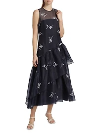 Roberta Embroidered Ruffle Silk Midi-Dress