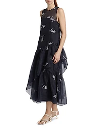 Roberta Embroidered Ruffle Silk Midi-Dress