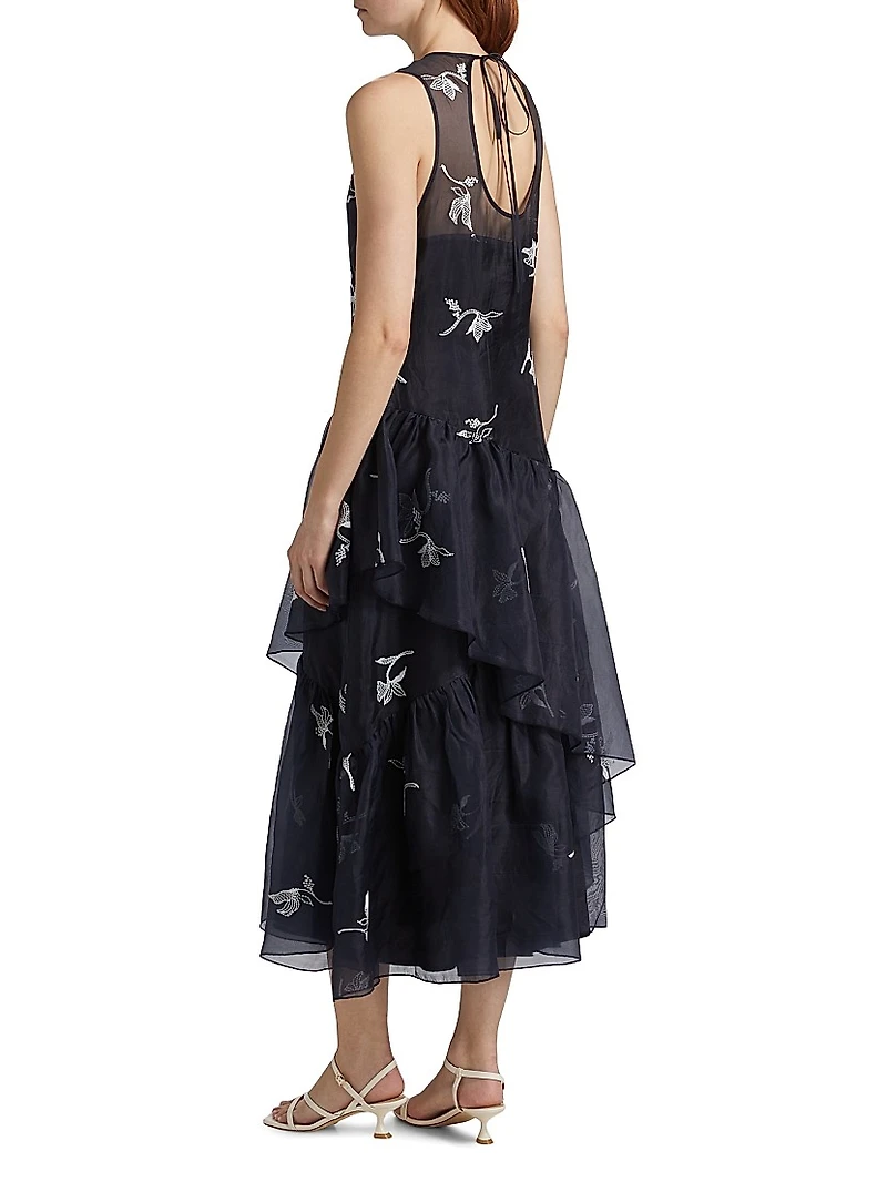 Roberta Embroidered Ruffle Silk Midi-Dress