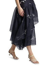 Roberta Embroidered Ruffle Silk Midi-Dress