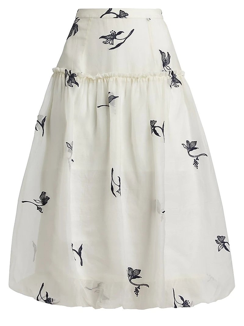 Ellah Embroidered Silk Bubble-Hem Midi-Skirt