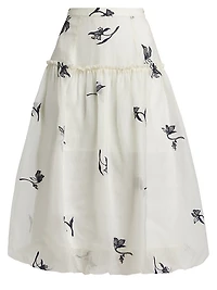 Ellah Embroidered Silk Bubble-Hem Midi-Skirt