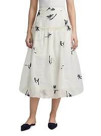 Ellah Embroidered Silk Bubble-Hem Midi-Skirt