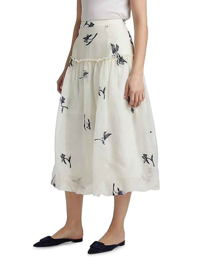 Ellah Embroidered Silk Bubble-Hem Midi-Skirt