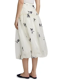 Ellah Embroidered Silk Bubble-Hem Midi-Skirt