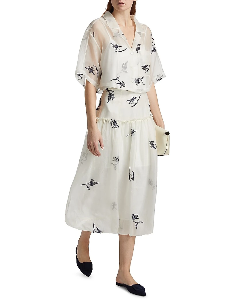 Ellah Embroidered Silk Bubble-Hem Midi-Skirt