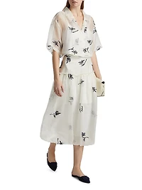 Ellah Embroidered Silk Bubble-Hem Midi-Skirt