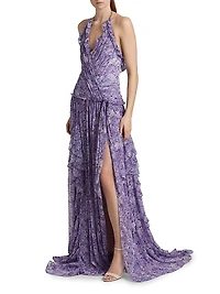 Agatha Floral Ruffled Chiffon Halterneck Gown