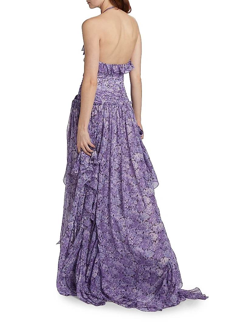 Agatha Floral Ruffled Chiffon Halterneck Gown
