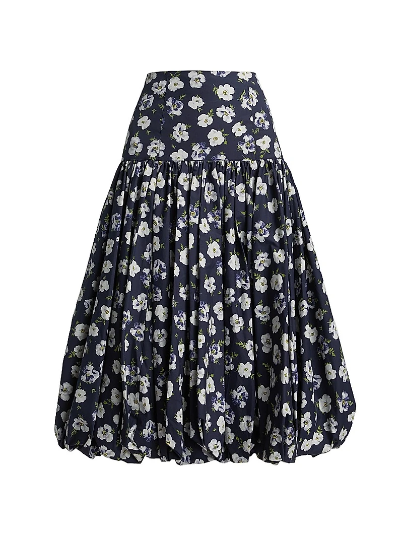 Ellah Floral Cotton-Poplin Bubble-Hem Midi-Skirt