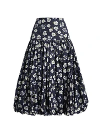 Ellah Floral Cotton-Poplin Bubble-Hem Midi-Skirt