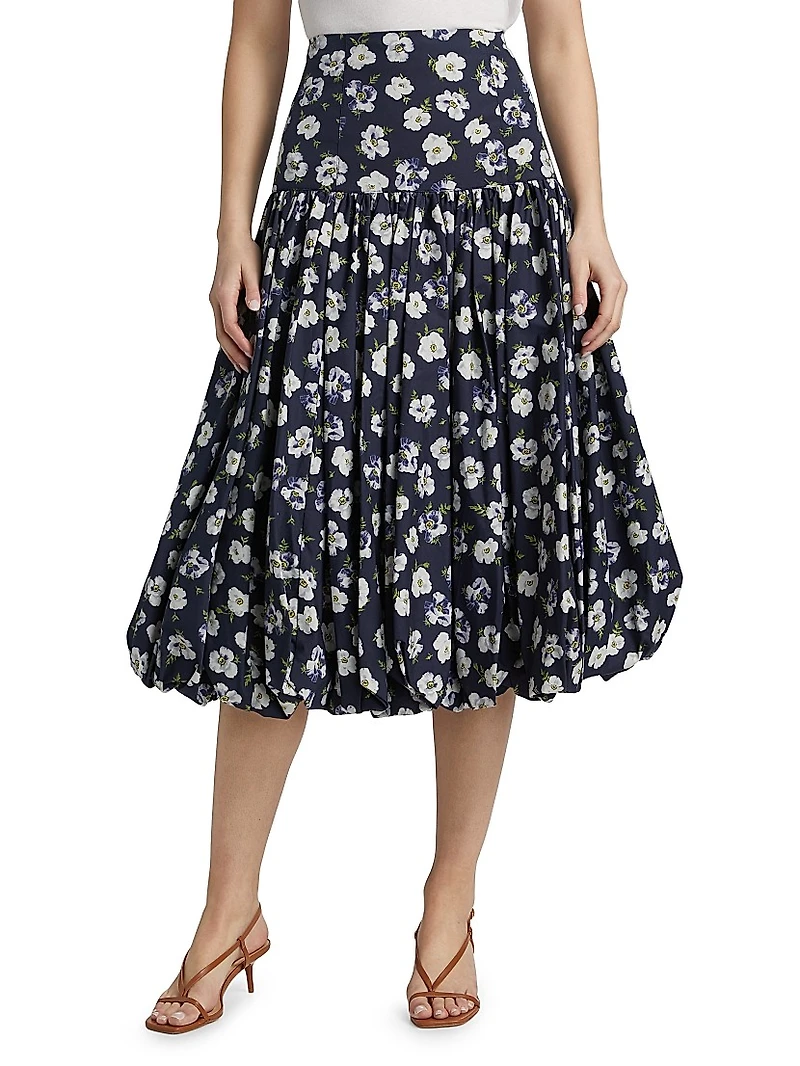 Ellah Floral Cotton-Poplin Bubble-Hem Midi-Skirt