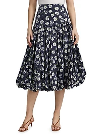 Ellah Floral Cotton-Poplin Bubble-Hem Midi-Skirt