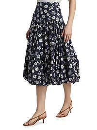 Ellah Floral Cotton-Poplin Bubble-Hem Midi-Skirt