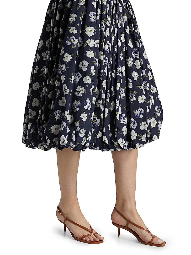 Ellah Floral Cotton-Poplin Bubble-Hem Midi-Skirt