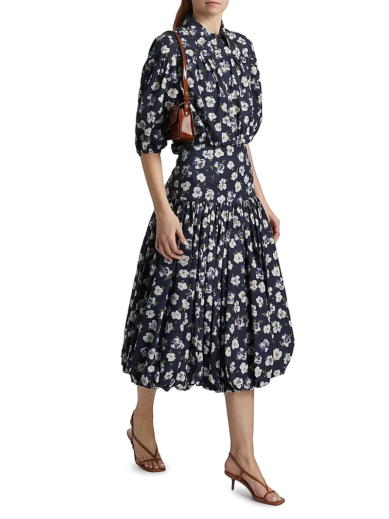 Ellah Floral Cotton-Poplin Bubble-Hem Midi-Skirt