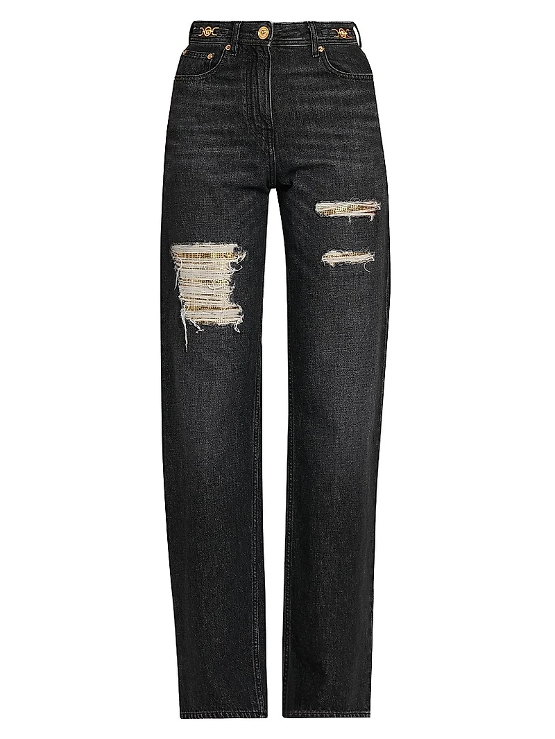 Distressed Mid-Rise Straight Jeans