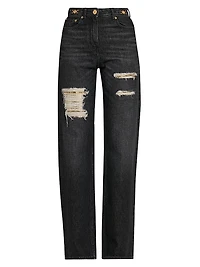 Distressed Mid-Rise Straight Jeans