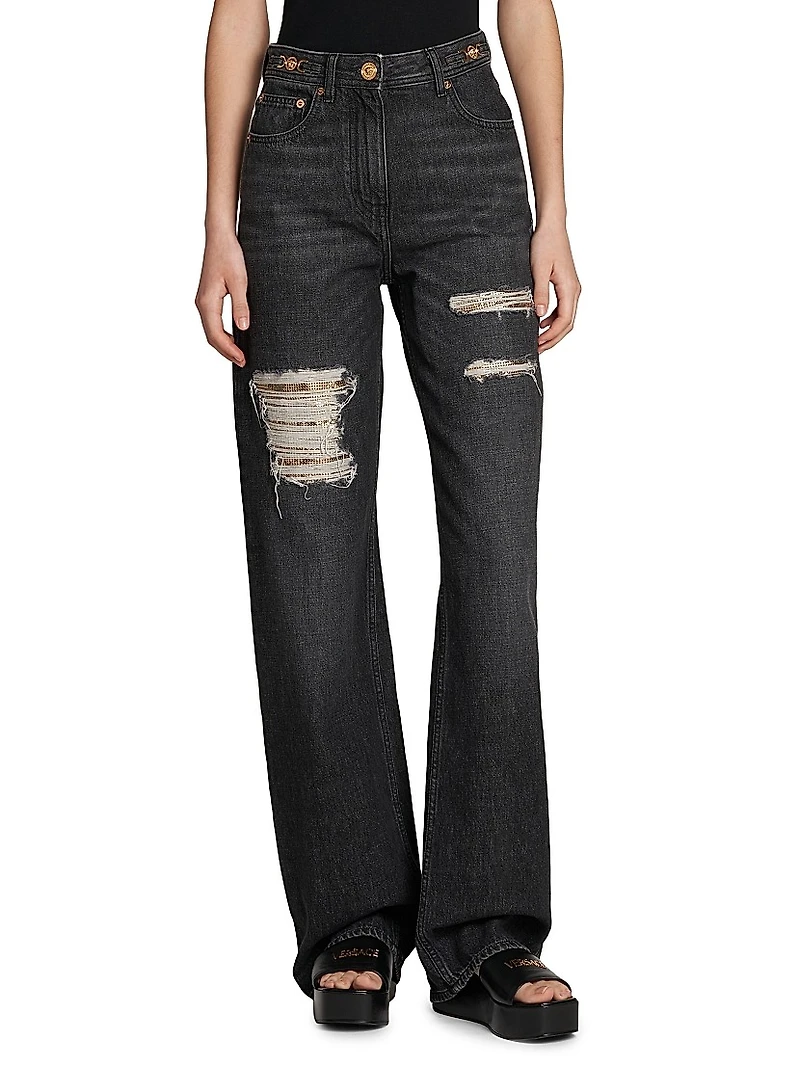 Distressed Mid-Rise Straight Jeans