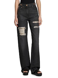 Distressed Mid-Rise Straight Jeans