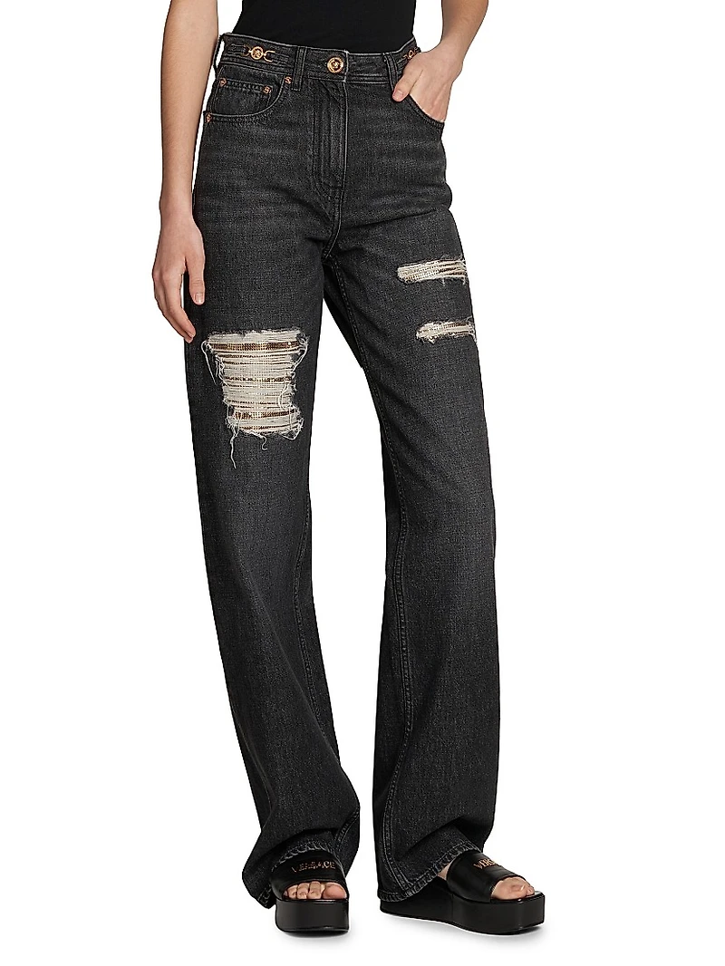 Distressed Mid-Rise Straight Jeans