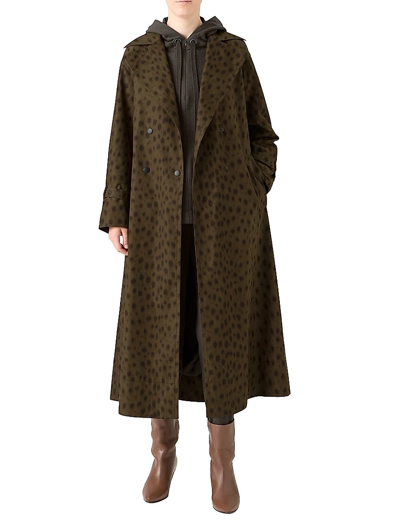 Leopard Print Gabardine Maxi Trench Coat