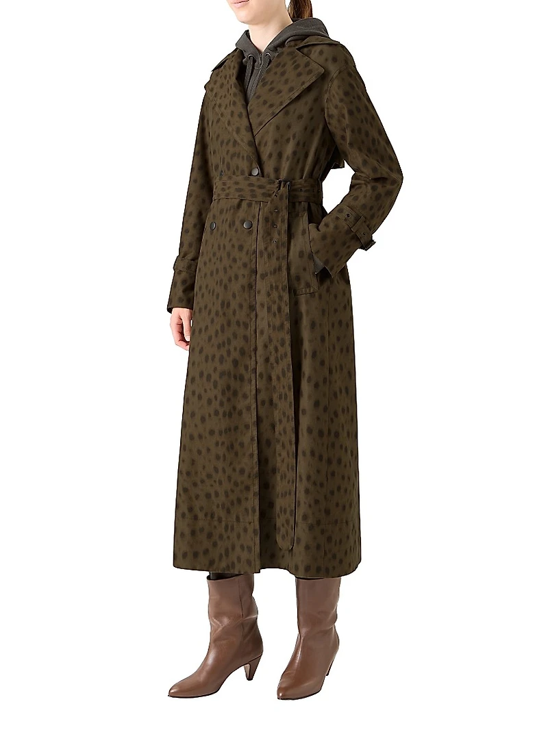 Leopard Print Gabardine Maxi Trench Coat
