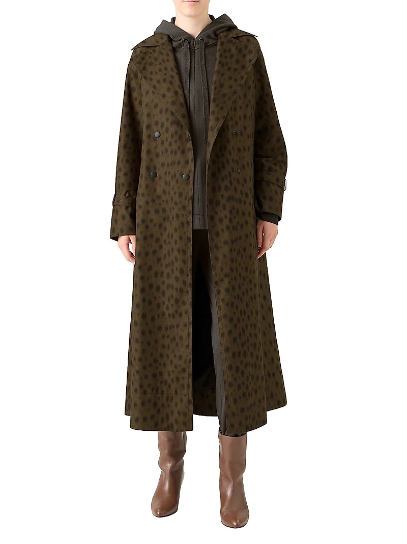 Leopard Print Gabardine Maxi Trench Coat
