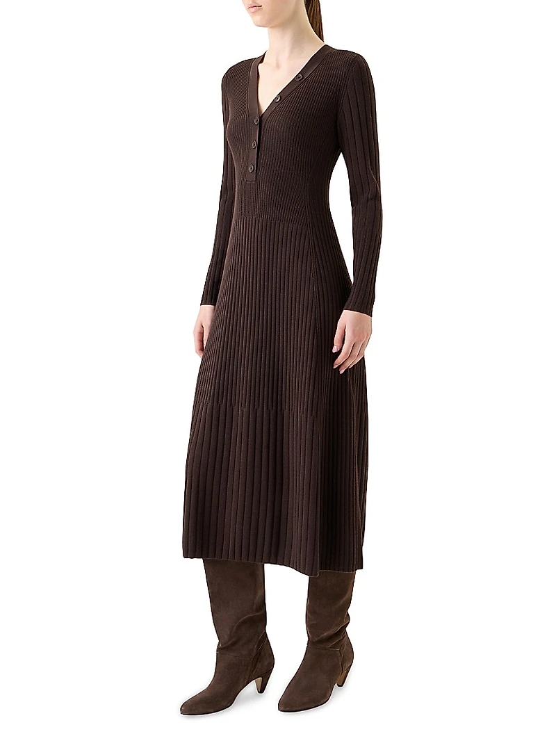 Rib-Knit Virgin Wool A-Line Midi-Dress