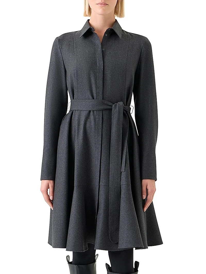 Virgin Wool Belted Knee-Length Shirtdress